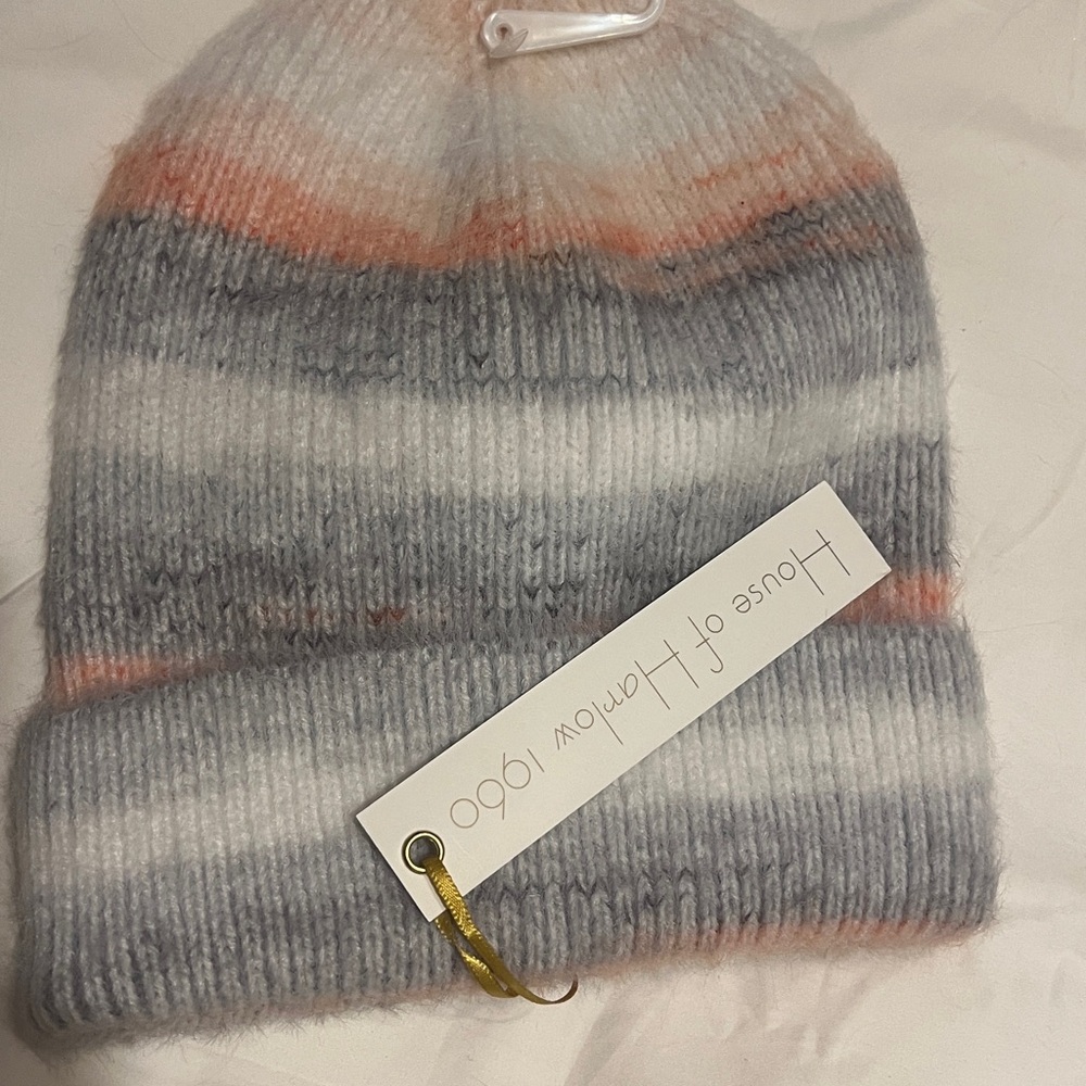 House of Harlow 1960 Wool Knit Beanie - Gray, White, Pink